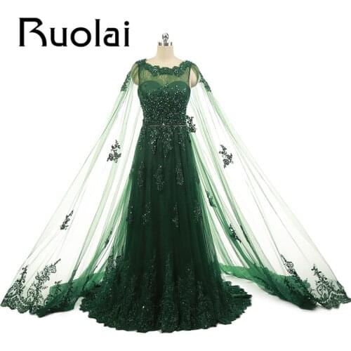 Emerald Green Arabic Evening Dress Long 2018 With Cape Beads Appliques Evening Gown For Women Formal Party Dress robe de soiree