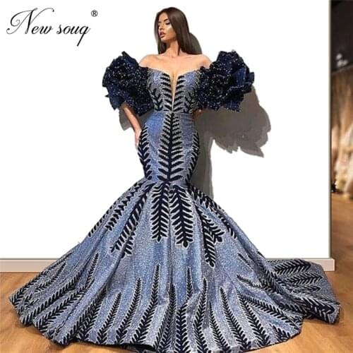 Navy Beading Arabic Evening Dress Illusion Prom Dresses Mermaid Party Gowns Robe De Soiree Kaftans Dubai Celebrity Dress 2020
