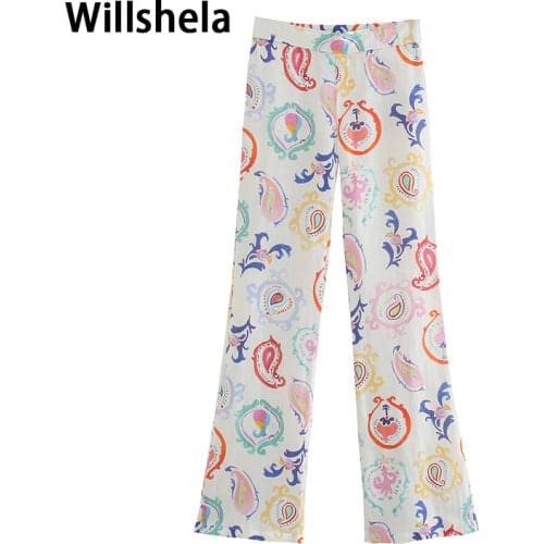 2021 Vintage Women Printed Hight-waist Pants Fashion Elastic Waist Y2K Flare Trousers Chic Lady Casual Woman pantalon pour femme