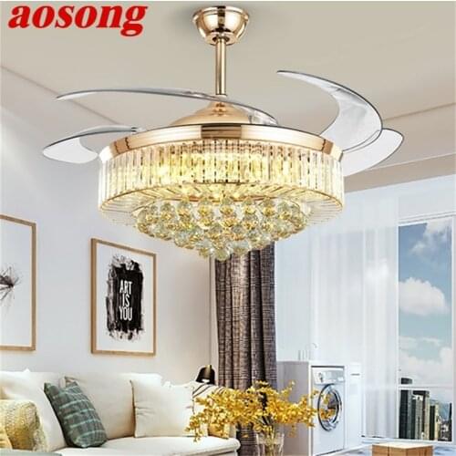 AOSONG Ceiling Fan Light Invisible Luxury Crystal Silvery LED Lamp With Remote Control Modern For Home