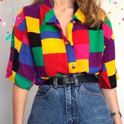 2021 Fashion Women Summer Short Blouses Red Plaid Single Breasted Metal Buckle Colorful Harajuku Loose Shirts S-4XL Oversize Top