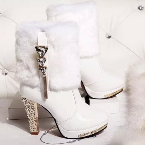 2022 Bling High Heels Rabbit Fur Boots Women Plush Warm Platform Shoes Elegant Crystal Lady Wedding Party High-heeled Shoes