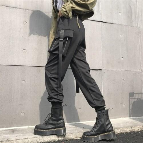 HipHop Elastic High Waist Pants Women Patchwork Belt Casual Black Trousers Harajuku Streetwear Joggers Harem Pants