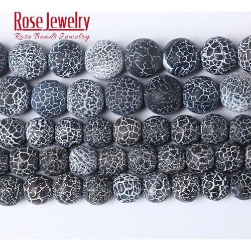 Natural Stone Black Frost Cracked Agates Onyx Loose Beads for Jewelry Making 15" Strand 4 6 8 10 12 mm Round Beads Bracelet