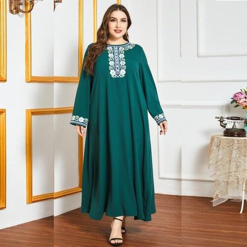 DOIB Women Dark Green Muslim Abya Dress Emboridery Full Sleeve Long Dress 2020 Autumn Plus Size Maxi Dress