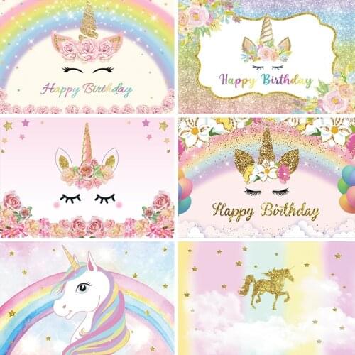 Laeacco Unicorn Photography Backdrops Rainbow Happy Birthday Baby Portrait Personalized Photographic Background For Photo Studio