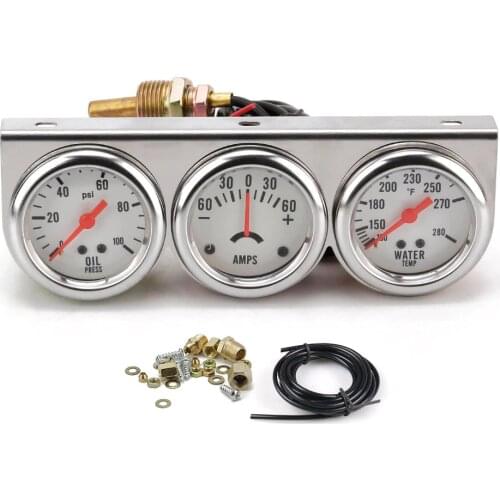 2" Chrome Panel Oil Pressure Water Temp Amp Meter Triple Auto Gauge Set with White Face TT101323