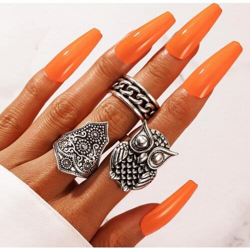 HuaTang 3pcs/set Punk Owl Animal Joint Rings Sets for Women Silver Color Carving Flowers Geometric Rings Party Jewelry 18766