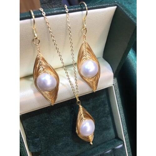 Fine Jewelry Natural Fresh Water Baroque 11-12mm Edison Golden Pearl Females Jewelry Sets for Women FIne Jewelry Sets