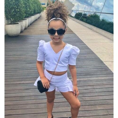 Citgeett Summer Kids Baby Girls Solid Color Clothes Set Short Puff Sleeve V-neck Tops + Irregular Hem Shorts Set
