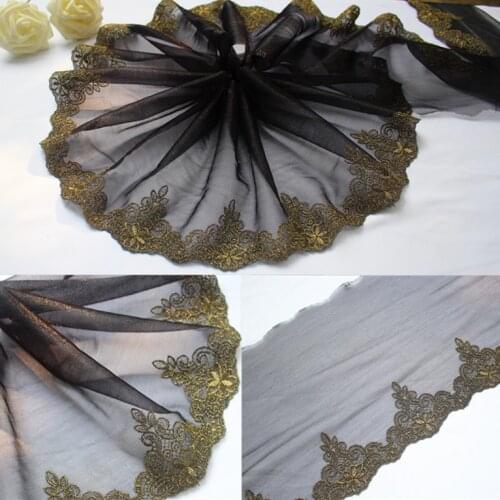 19cm or 7.48inch wide -2yards/lot Elastic Black Based Gold Embroidered Floral Tulle Lace Trim ~Gorgeous Beauty