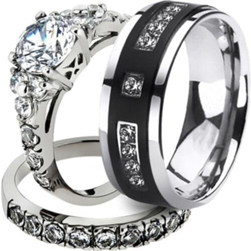 Hot Sale 2 PCS/Set Couple Rings White Zirconia Crystal Alloy Ring Black White Ring Set For Men Women Lovers Jewelry