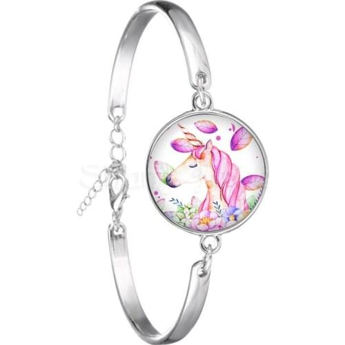 Cute Unicorn Fly Horses Glass Cabochon Bracelet Jewely Best Gift for Kids Boy or Girl Silver Color Animal Bangle