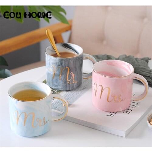 400ml Marble Ceramic Coffee Mugs Gold Monogram Mr and Mrs Teacups Couple Mug Milk Juice Breakfast Cup Creative Wedding Gift