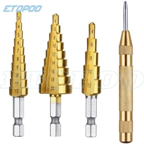 Hot 3pcs of shank Steel Titanium step drill Woodworking drill inch step Set and Brass Automatic Center Punch drill bits