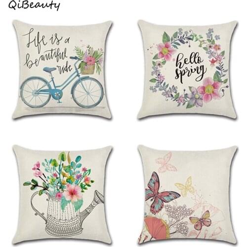 New Flowers Butterfly Bicycle Spring Theme Pillow Cover Cushion Cover Linen Throw Pillow Car Home Decorative Pillowcase