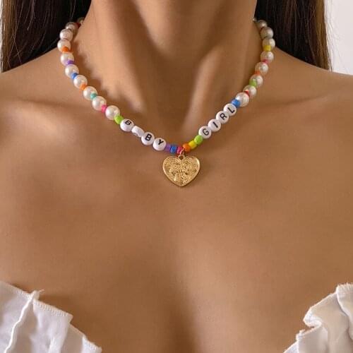 Handmade Colorful Africa Beads Choker Necklace for Women Love Heart Pendant Pearl Collar Necklace Girls Short Neck Chain Jewelry