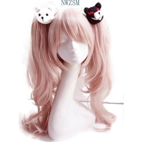 Dangan Ronpa Danganronpa Enoshima Junko Cosplay Wig Pink Long Wavy With Ponytail Clip Heat Resistant Cosplay Wig + Bear Hairpins
