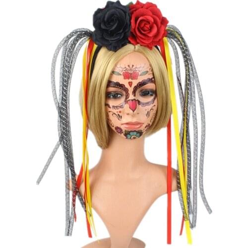 Day of the Dead Headband Mexican Flower Eyeball Skull Headpiece with Ribbon for Women