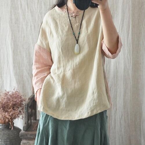 Women Ramie Patchwork loose Shirts Ladies Retro Vintage Blouse Shirts Female Three Quarter Sleeve Shirts 2018 Summer