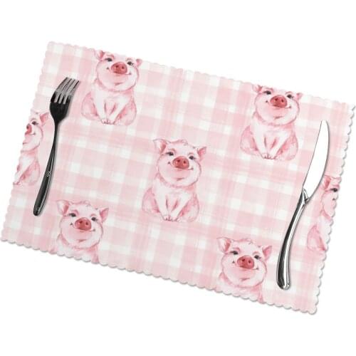 6pcs Placemat for dining table Cute Pink Pig On Plaid Backgroud Heat-resistant Kitchen Dining Accessories