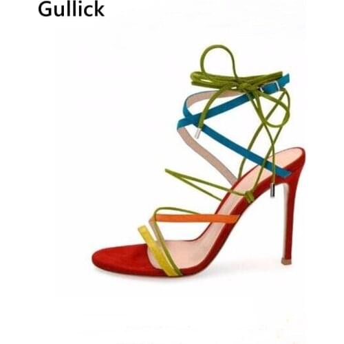Mixed Colors Narrow Band Sweet Style High Heel Women Sandals For Summer Young Cute Girls Style Shoes Peep Toe Cross Tied Shoes