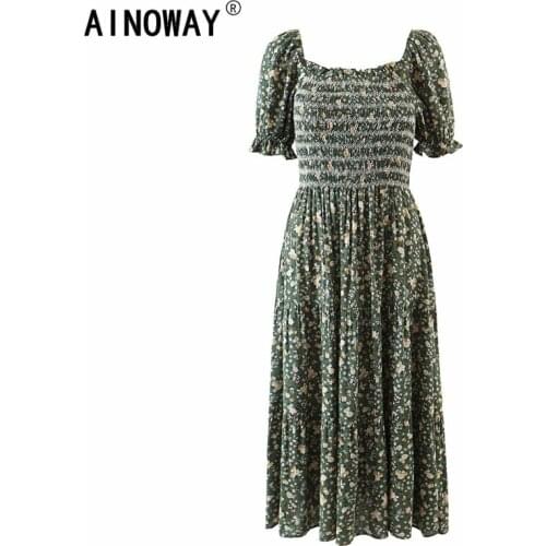 Vintage chic women floral print beach Bohemian Midi dress Ladies short sleeve rayon cotton elestic Boho sundress vestidos