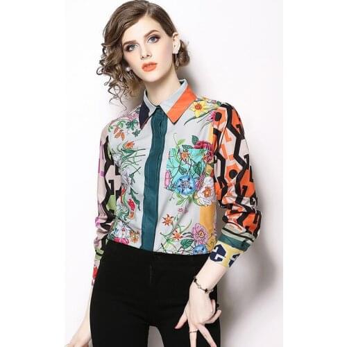 Spring summer womens long sleeve flower print shirt female european fashion casual loose chic shirt blouse TB964