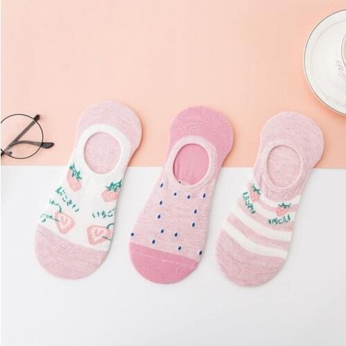 Women Fashion Striped Checked Strawberry Print Invisible Non-slip Cotton Socks Girls Cute Printed Ankle Boat Socks 3/6 pairs/lot