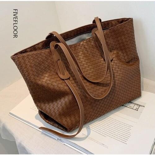 Retro Woven Shoulder Bags Female 2021 New Large-capacity Totes Handbags Simple Fashion Pu Leather Solid Color Shopping Bags