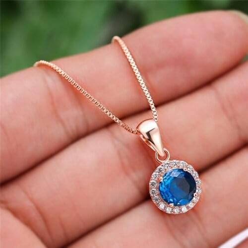 Classic Four Prong Round Rainbow Zircon Pendant Rose Gold Necklaces For Women Vintage Fashion Jewelry Gradient Stone Necklace