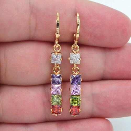 Fashion Jewelry Gold Color Colorful Cubic Zirconia Rainbow CZ Linear Square Blocks Dangle Earrings for Women