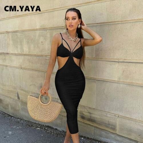 CM.YAYA Women Midi Dress Solid Sleeveless Strap V-neck Hollow Out Stretchy Skinny Pencil Dresses Sexy Vestidos Outfit Summer