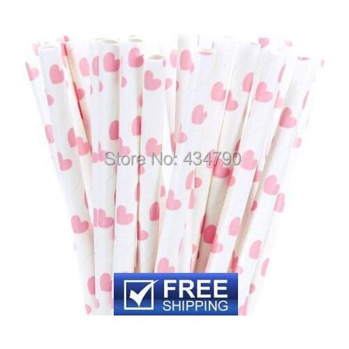 200pcs Baby Pink Heart Paper Straws,Valentines Day Wedding Cake Pop Sticks,Birthday Party Supplies Decorations