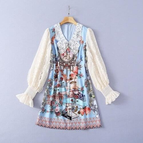 222 2021 Runway Dress Spring Summer Dress Long Sleeve Crew Neck Blue Flora Print Paneleld Dress Womens Clothes SH