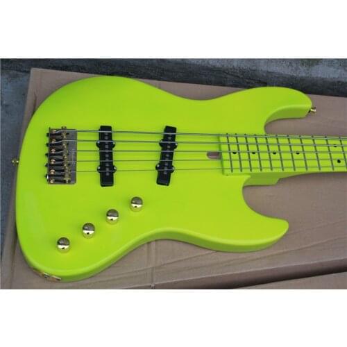Free shipping Order booking 5 strings bass ,fluorescent green body neck fretboard,wilk gold bridge,gold buttons