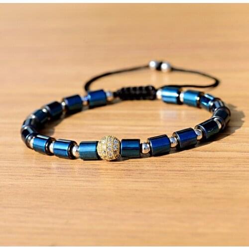 DOUVEI New Fashion Mens Blue Hematite Beads Bracelet White CZ Copper Bracelet For Women Braided Fashion Jewelry Pulseras Mombre