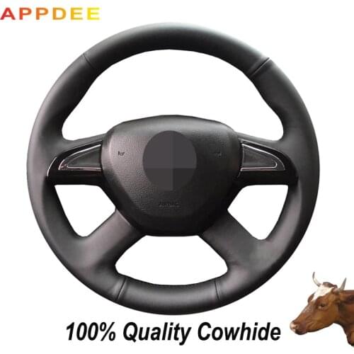 Hand-stitched Black Genuine Leather Steering Wheel Cover for Skoda Yeti Octavia 2015 2016 Fabia 2014 Rapid 2013-2015 Superb 2013
