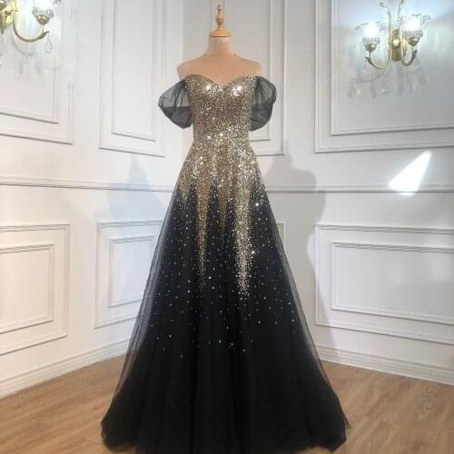 Black Gold A-line Luxury Evening Dresses Gowns 2021 Sparkle Beading Sexy For Women Party Dress BLA70838 Serene Hill