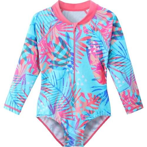 BAOHULU Long Sleeves Girls Swim Suit Kids Swimwear for Girls One Piece Blue Print Leaves Rash Guard Beachwear for 4-11 Years Kid