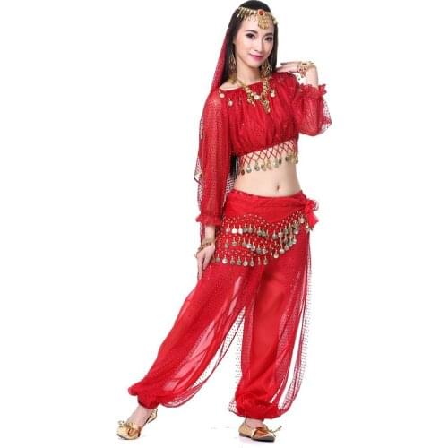 Women Belly Dance Costume Set Indian Dance Dress Puff Sleeve Sexy Top Pants Sets Carnival Party
