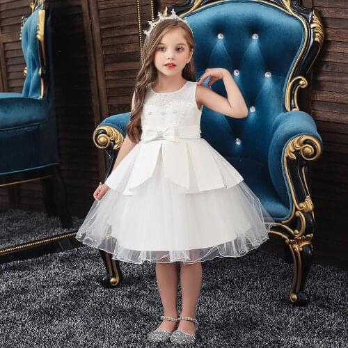 2-4-6-8-10 Years Elegant Girls Gown Dress for Birthday Party Children Clothes Mesh Patchwork Beading Girls Dress Kids Costume