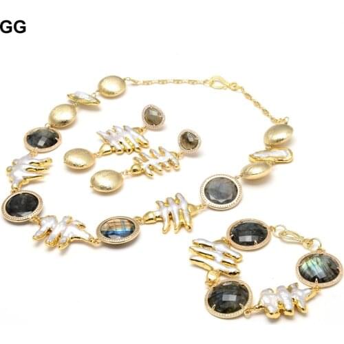 GG Jewelry Natural Cultured White Biwa Pearl Gold Color Plated CZ Paved Labradorite Coin Beads Necklace Bracelet Earrings Sets