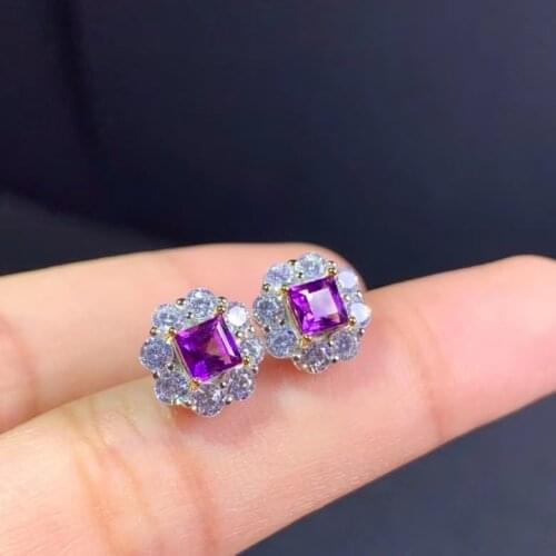 Fashion Elegant square Pillow natural amethyst stud earrings Natural purple crystal earrings S925 silver women party jewelry