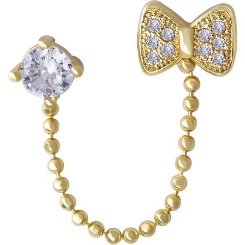 Fashion 1 Pc Iced Out Bowknot Stud Earring Women Metal Chain Crystal Tassle Double Pierced Earrings Gold Ear Rings Jewelry Gift