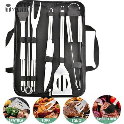 YOMEEI BBQ Grill Tools Set Stainless Steel Spatula Fork Basting Brush Tongs Barbecue Grilling Utensil Accessories Cooking Tools