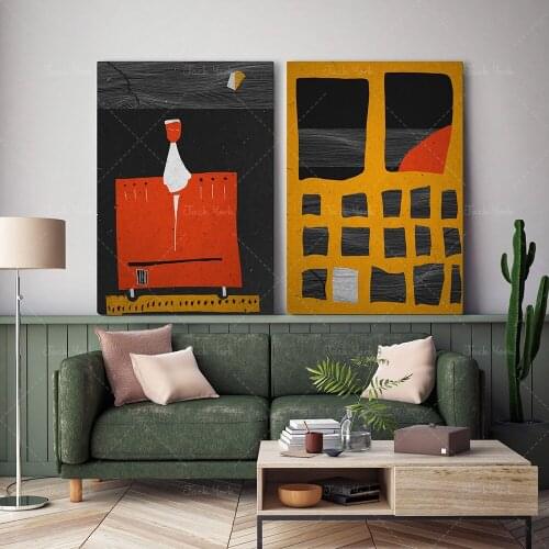 Black Red Yellow Abstract Forms Set of 3, Modern Minimal Ethnic Diptych, Conceptual Boho Print, Geometric Poster, Contemporary