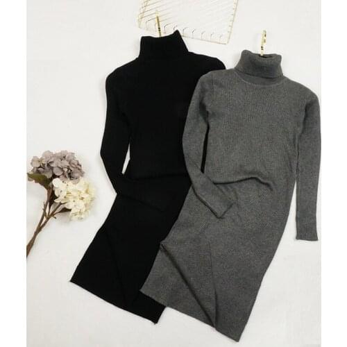 New Fashion Sweater Dress for Women Slimturtleneck Sweater Solid Bodycon Dresses Ladies Elegant Long Sleeve Midi Dress Clothes