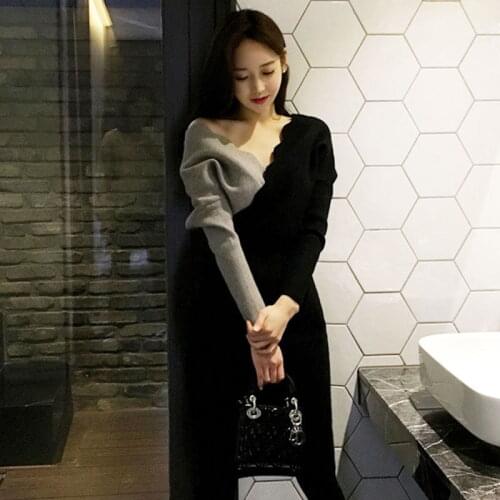 Korean Style Sweater Dress Autumn Winter Knitted Bodycon Women Sexy V-Neck Long Sleeve Pencil Elastic Slim Dress Lady Vestidoes