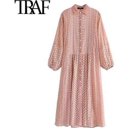 TRAF Women Fashion Hollow Out Embroidery Midi Shirt Dress Vintage Lantern Sleeve Button-up Female Dresses Vestidos